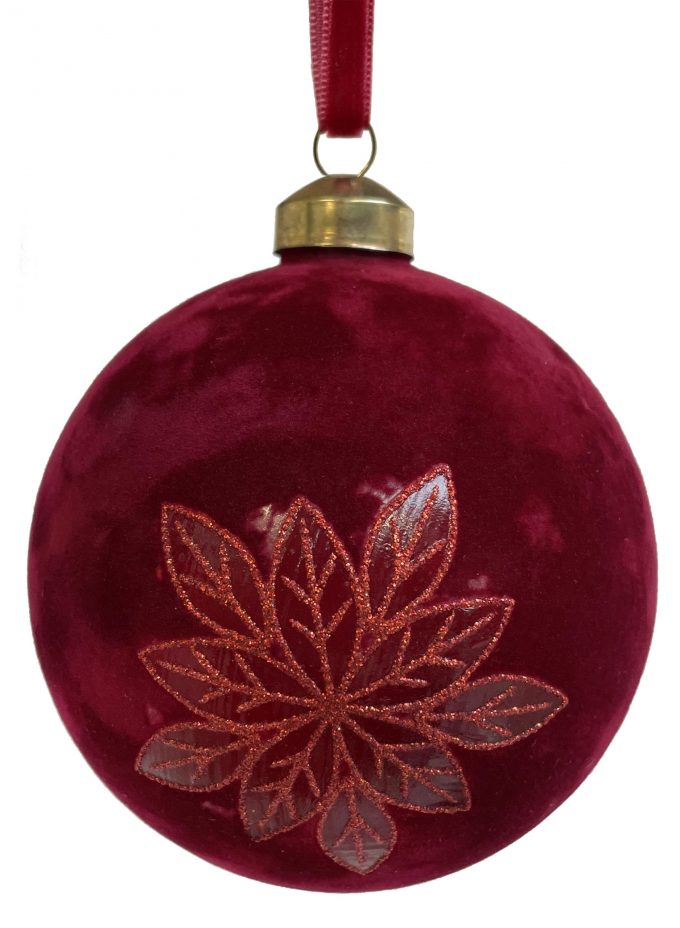 Eglītes rotājums Shishi 62475 Glass ball dk burgundy velvet poinsettia deco 10cm