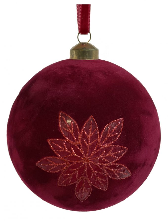 Eglītes rotājums Shishi 62476 Glass ball dk burgundy velvet poinsettia deco 12cm